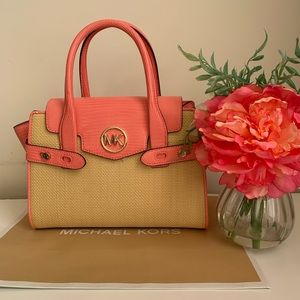 Michael Kors Carmen Leather Flap Satchel Grapefruit Pink